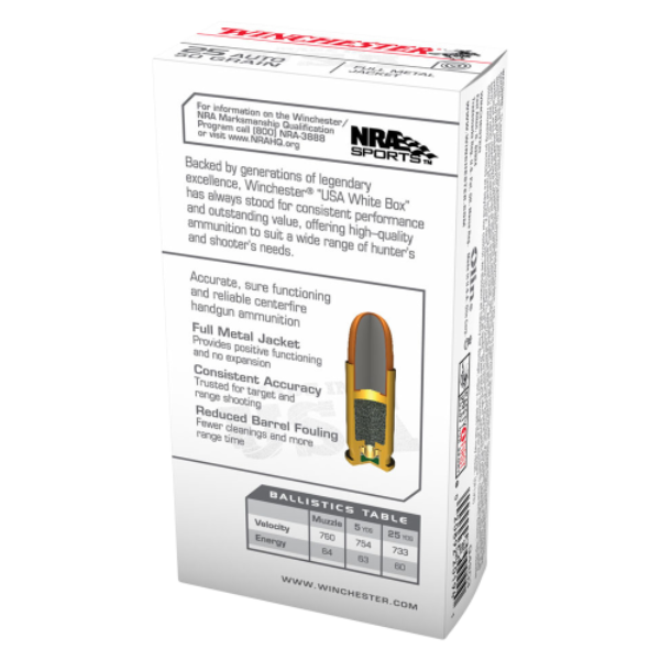 Winchester USA 25 ACP Auto – 50gr FMJ
